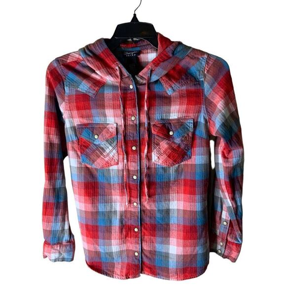 Wrangler Retro Tops - Wrangler Retro Shirt Women's Size Medium Hooded Pearl Snap Plaid Flannel Cotton